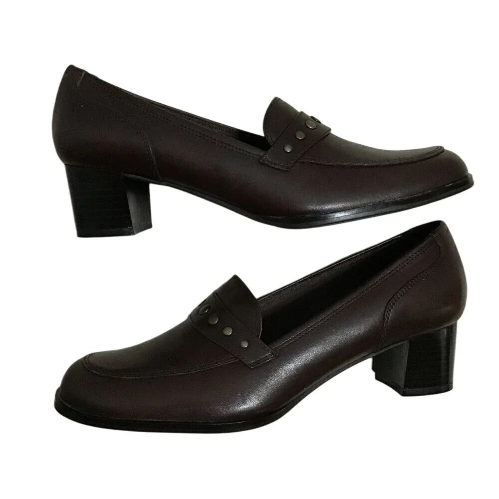 LifeStride League Brown Leather Studded Block Heel Loafers Shoes‎ Womens 7.5 M